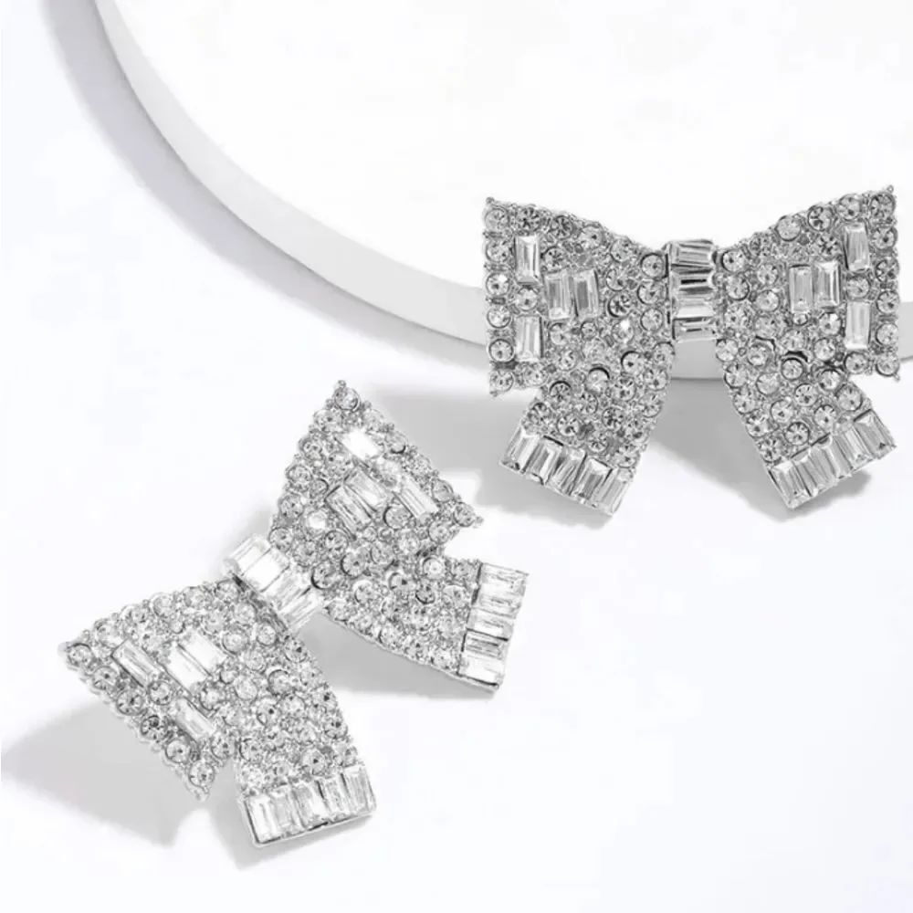 Silver Rhinestone Bow Earrings